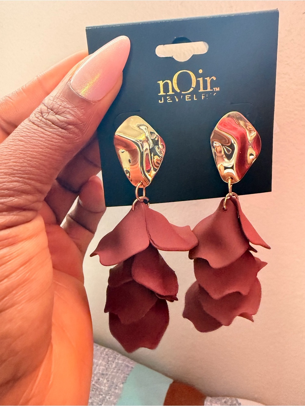 nOir Jewelry Gold and Wine Petal Drop Earrings